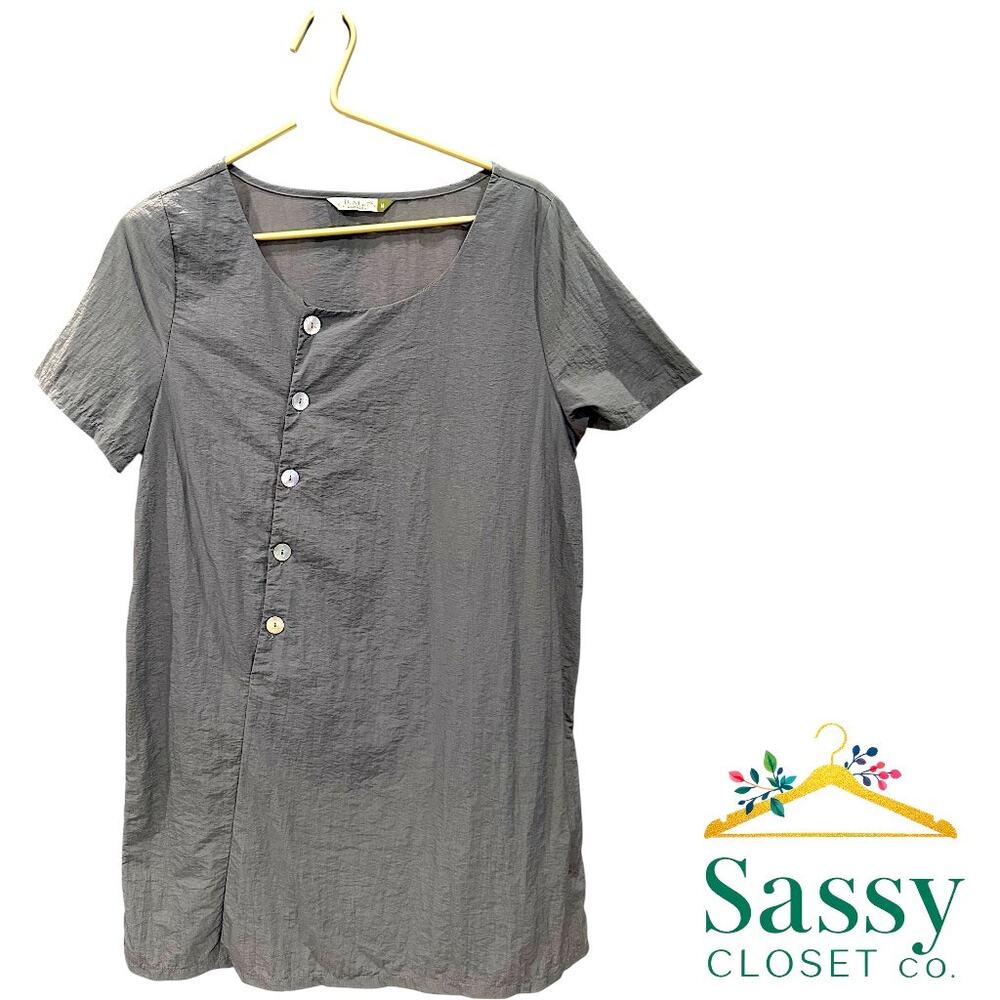 ✨ CHALET et CECI Gray Nylon Asymmetrical Button Dress M Lagenlook Artsy EUC 🌿